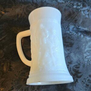 Vintage FEDERAL GLASS Milk Glass Beer Mug/Stein/Tankard Embossed Tavern Scene
